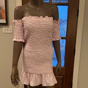 Petersyn X Revolve Pink DIANA Ruched Smocked Off Shoulder Mini Dress
